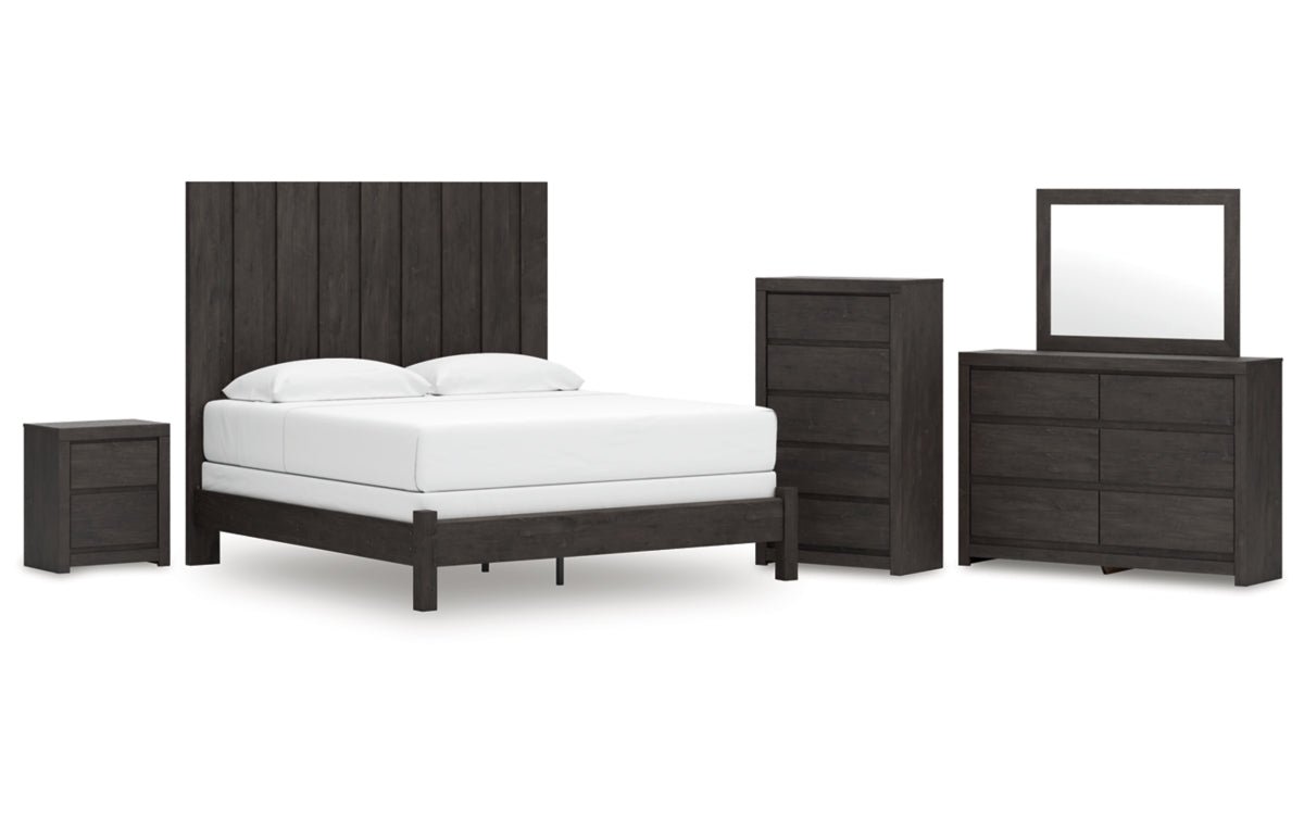 Fraluna King Panel Bed with Mirrored Dresser, Chest and Nightstand