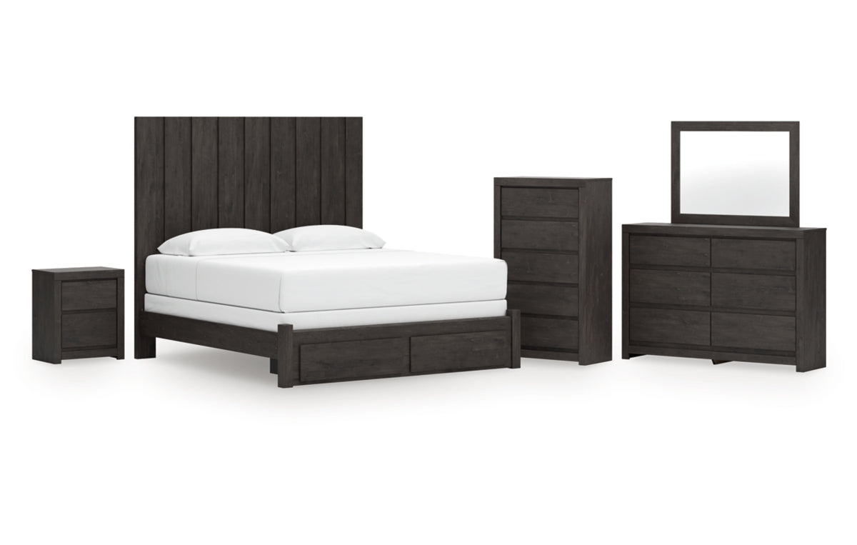 Fraluna King Panel Storage Bed with Mirrored Dresser, Chest and Nightstand