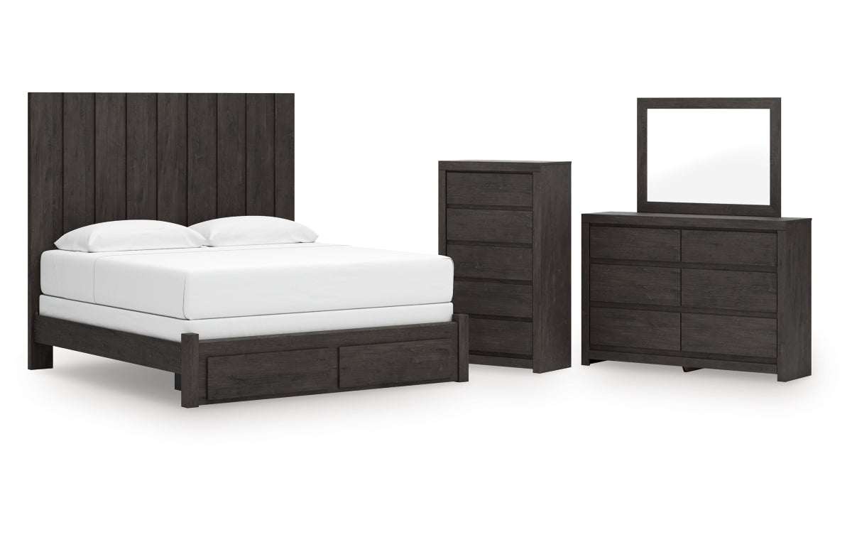 Fraluna King Panel Storage Bed with Mirrored Dresser and Chest