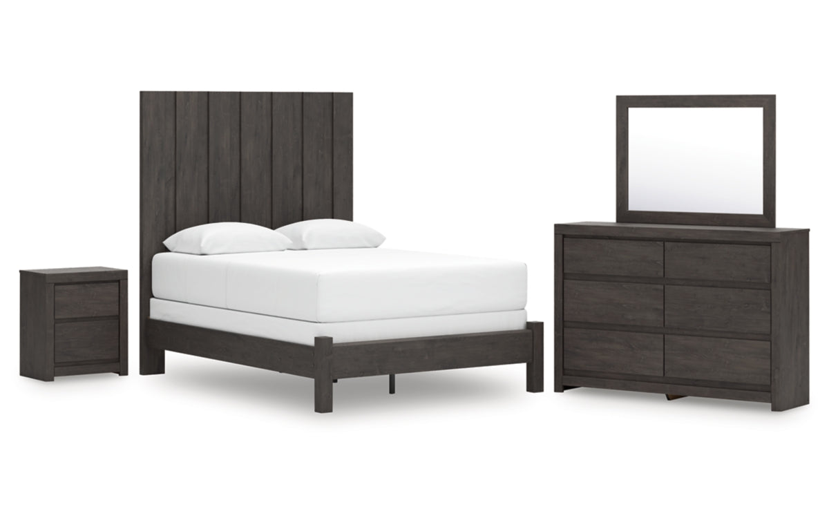 Fraluna Queen Panel Bed with Mirrored Dresser and Nightstand