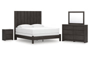 Fraluna King Panel Bed with Mirrored Dresser and Nightstand