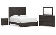 Fraluna King Panel Storage Bed with Mirrored Dresser and Nightstand