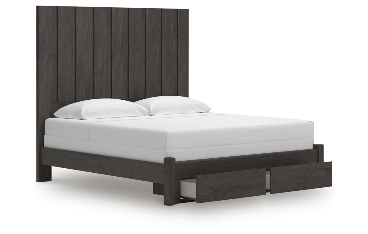 Fraluna King Panel Storage Bed, Dresser, Mirror and Nightstand