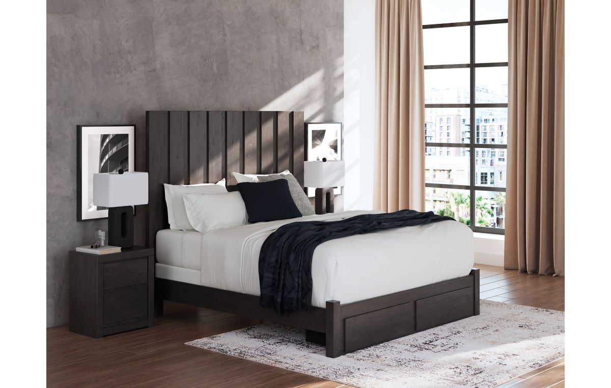 Fraluna King Panel Storage Bed with Mirrored Dresser and Nightstand