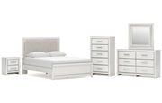 Zuraleus Queen Upholstered Panel Platform Bed, Dresser, Mirror, Chest and Nightstand