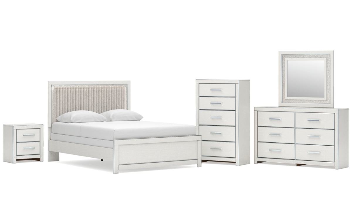 Zuraleus Queen Upholstered Panel Bed, Dresser, Mirror, Chest and Nightstand