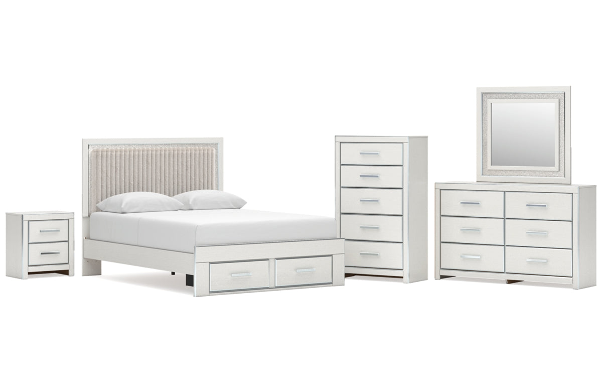 Zuraleus Queen Upholstered Panel Platform Storage Bed, Dresser, Mirror, Chest and Nightstand