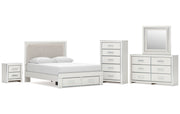 Zuraleus Queen Upholstered Panel Platform Storage Bed, Dresser, Mirror, Chest and Nightstand