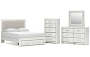 Zuraleus Queen Upholstered Panel Platform Storage Bed, Dresser, Mirror and Chest