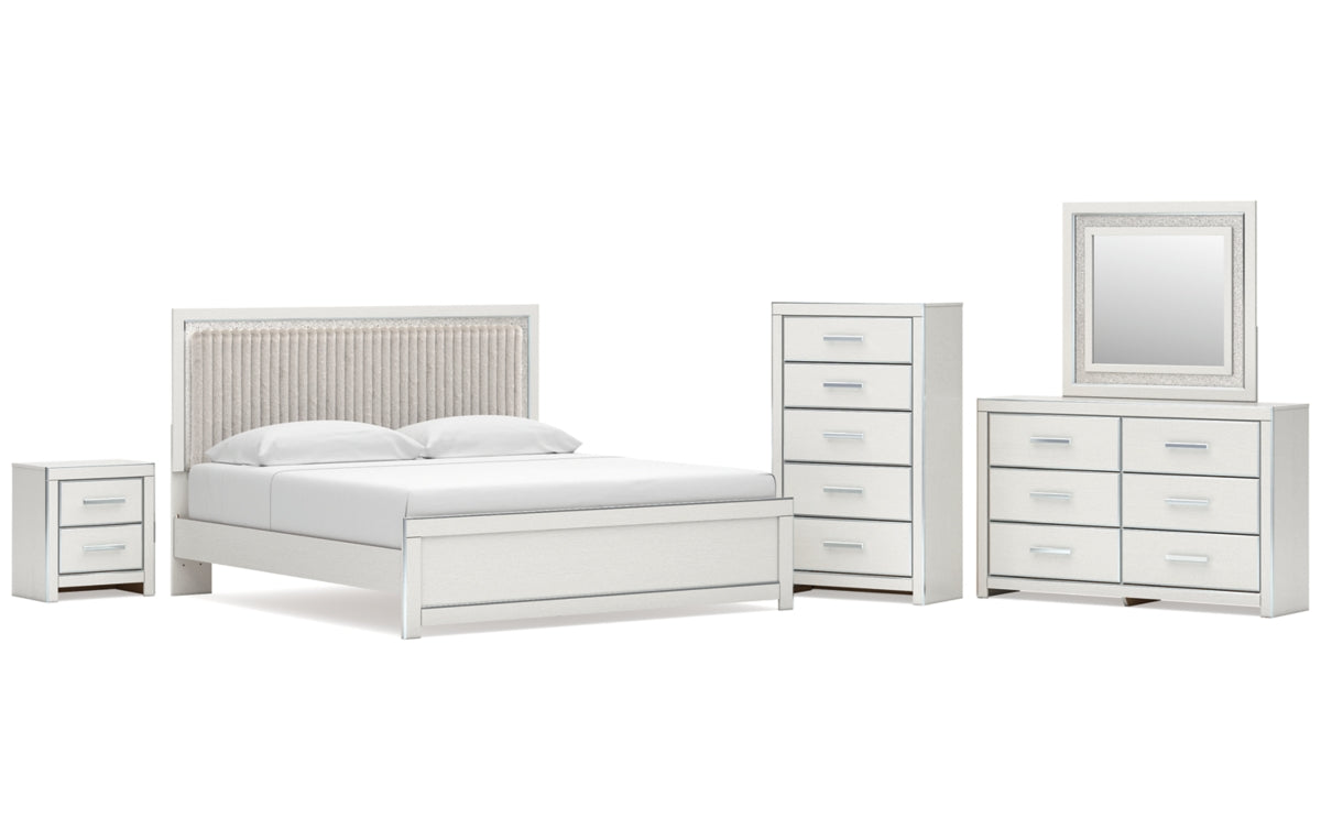 Zuraleus King Upholstered Panel Platform Bed, Dresser, Mirror, Chest and Nightstand