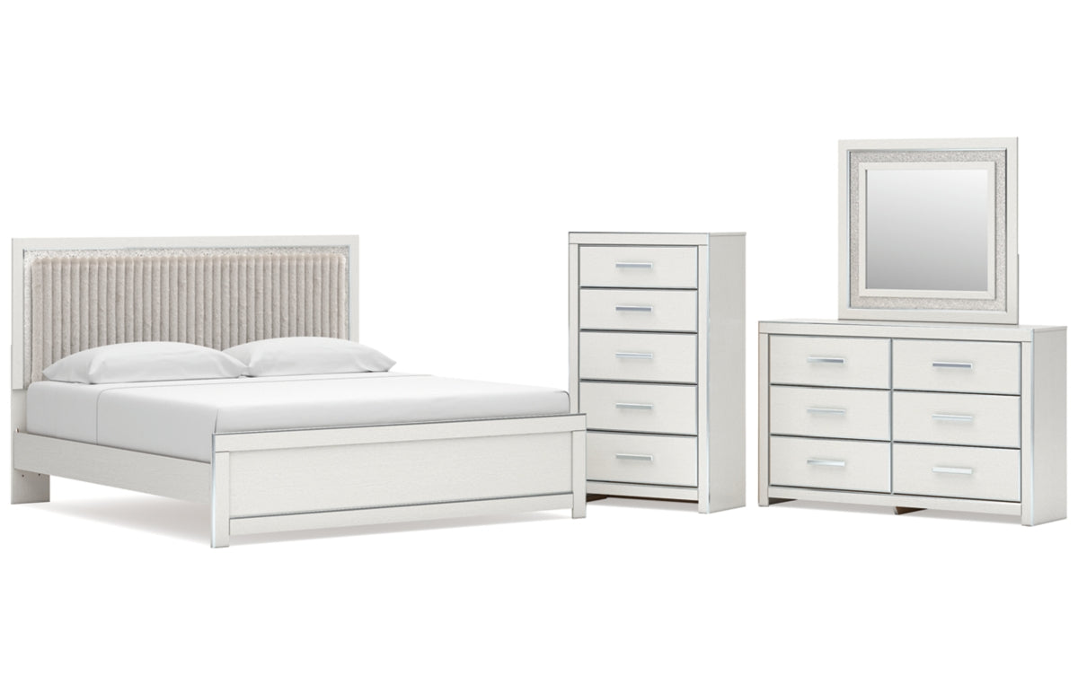 Zuraleus King Upholstered Panel Platform Bed, Dresser, Mirror and Chest