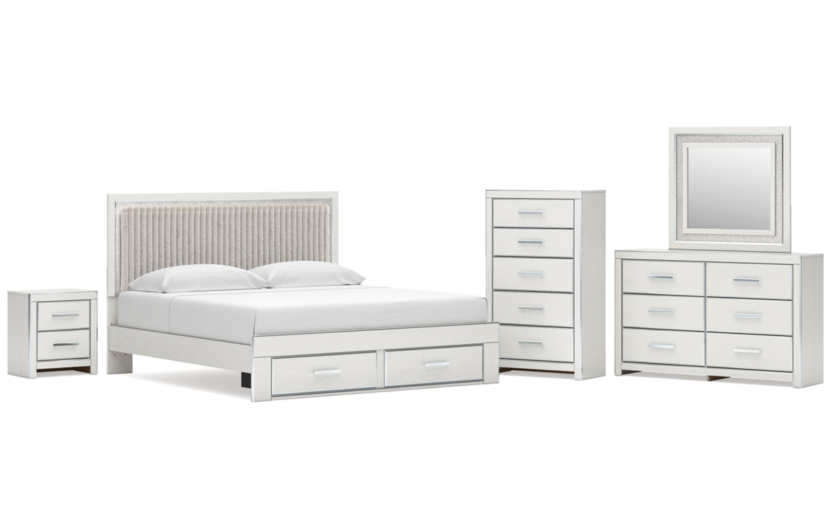 Zuraleus King Upholstered Panel Platform Storage Bed, Dresser, Mirror, Chest and Nightstand
