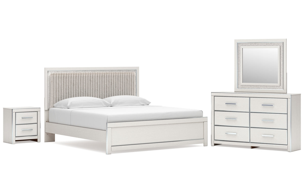 Zuraleus King Upholstered Panel Platform Bed, Dresser, Mirror and Nightstand