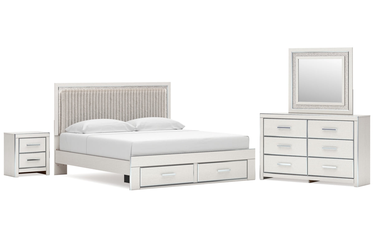 Zuraleus King Upholstered Panel Platform Storage Bed, Dresser, Mirror and Nightstand