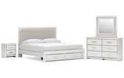 Zuraleus King Upholstered Panel Platform Storage Bed, Dresser, Mirror and Nightstand