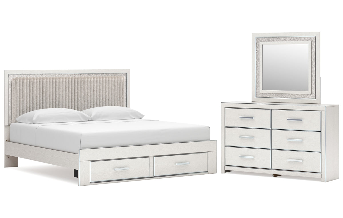 Zuraleus King Upholstered Panel Platform Storage Bed, Dresser and Mirror