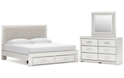 Zuraleus King Upholstered Panel Platform Storage Bed, Dresser and Mirror