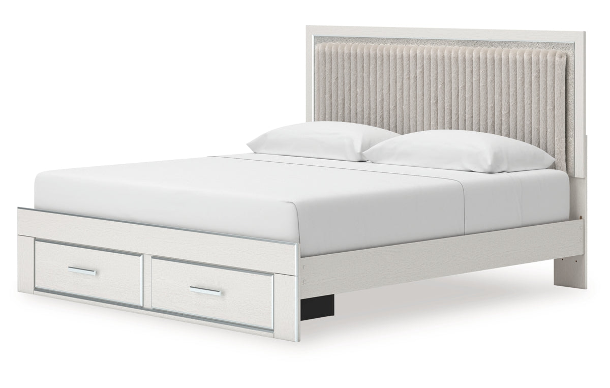 Zuraleus King Upholstered Panel Platform Storage Bed, Dresser, Mirror and Nightstand