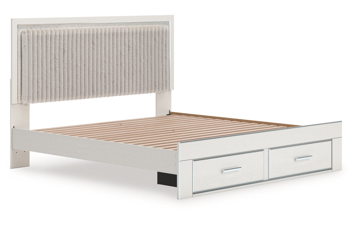 Zuraleus King Upholstered Panel Platform Storage Bed, Dresser and Mirror
