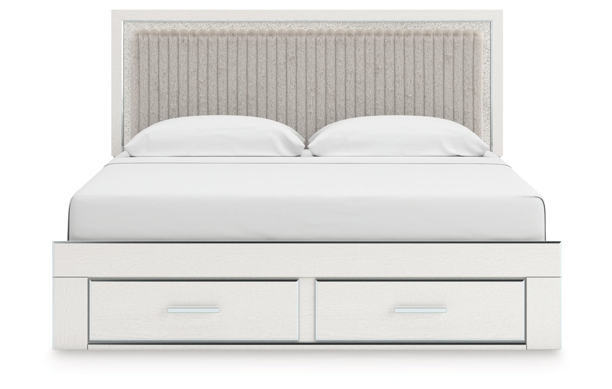 Zuraleus King Upholstered Panel Platform Storage Bed, Dresser, Mirror and Chest