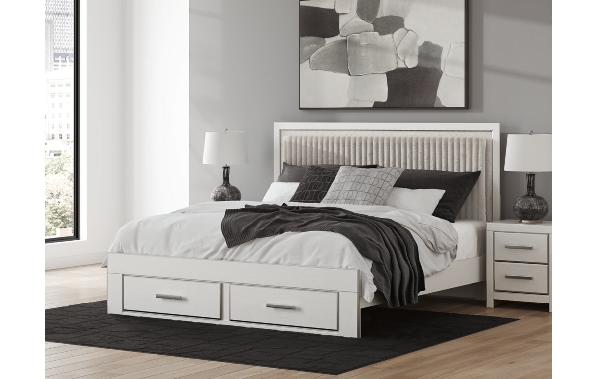 Zuraleus King Upholstered Panel Platform Storage Bed, Dresser, Mirror and Chest