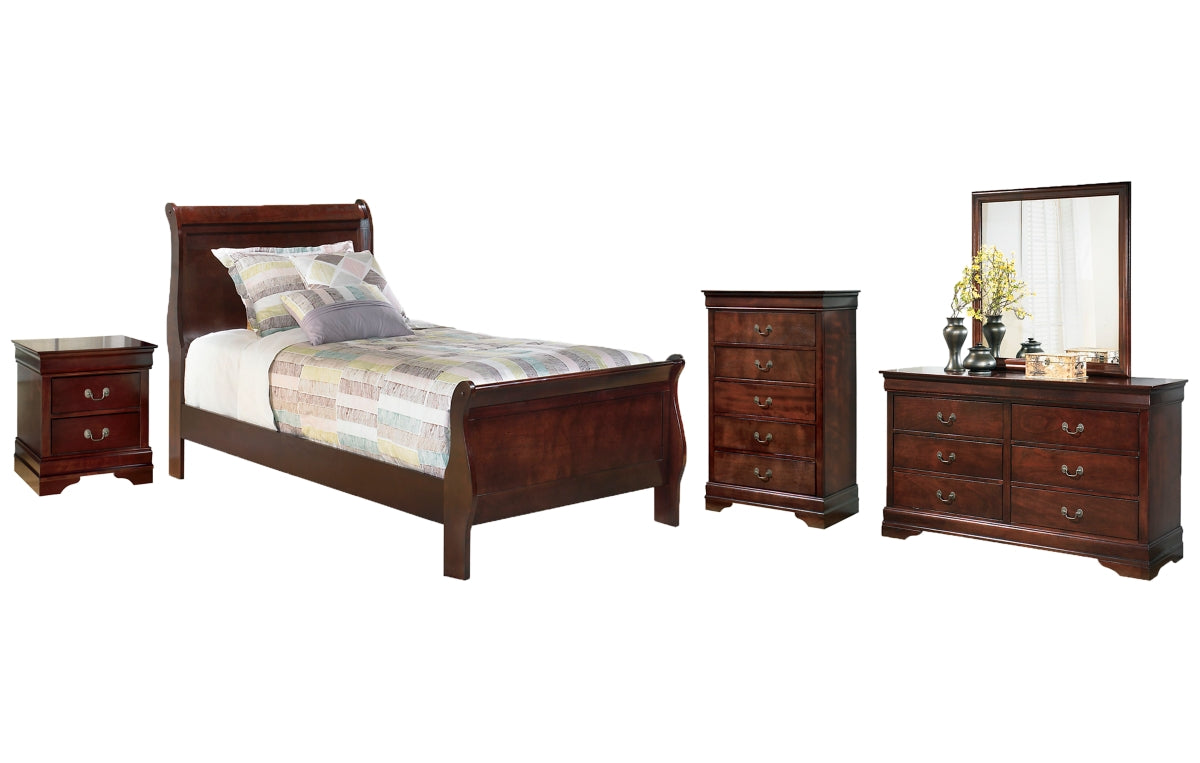 Alisdair Twin Sleigh Bed with Mirrored Dresser, Chest and Nightstand