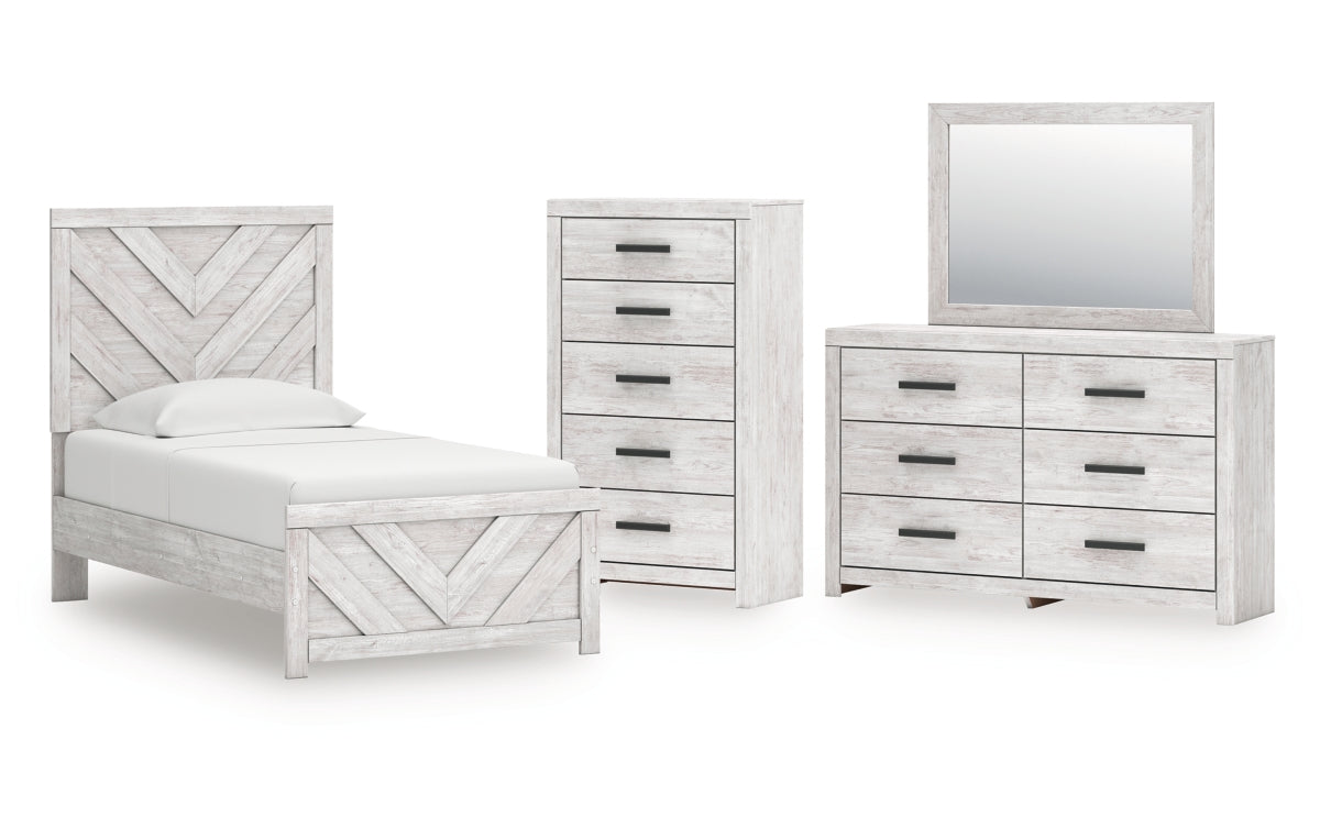 Cayboni Twin Panel Bed with Mirrored Dresser and Chest