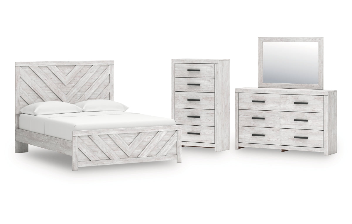 Cayboni Queen Panel Bed with Mirrored Dresser and Chest