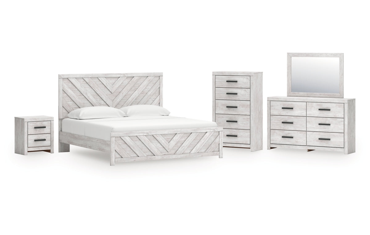 Cayboni King Panel Bed with Mirrored Dresser, Chest and Nightstand
