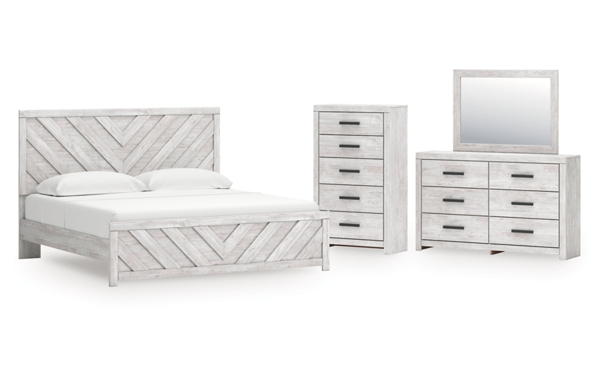 Cayboni King Panel Bed with Mirrored Dresser and Chest