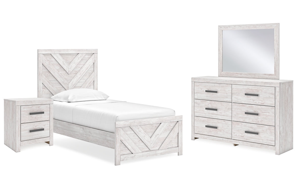 Cayboni Twin Panel Bed with Mirrored Dresser and Nightstand