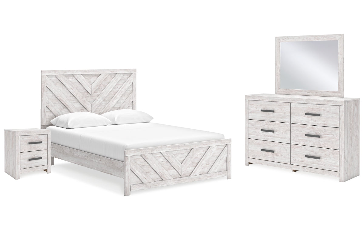 Cayboni Queen Panel Bed with Mirrored Dresser and Nightstand