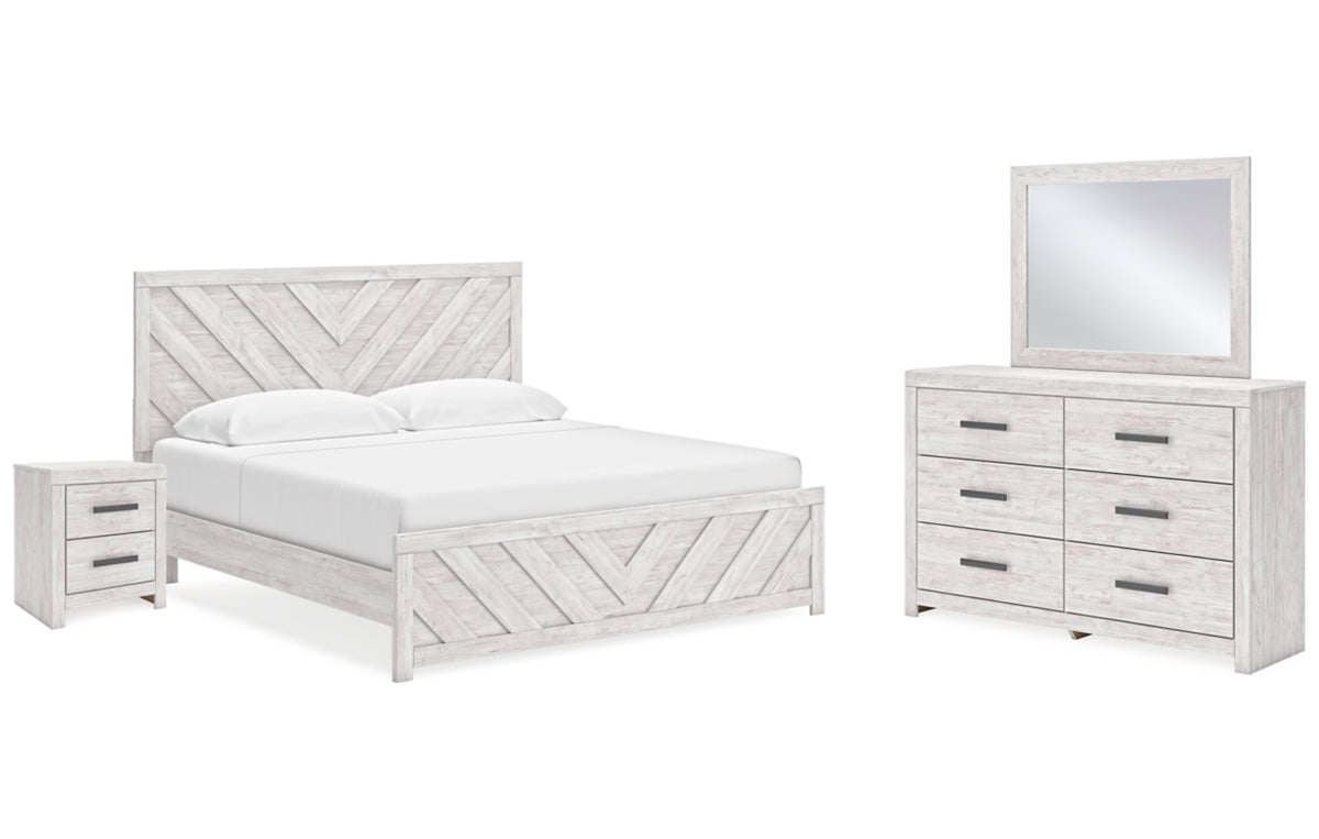 Cayboni King Panel Bed with Mirrored Dresser and Nightstand