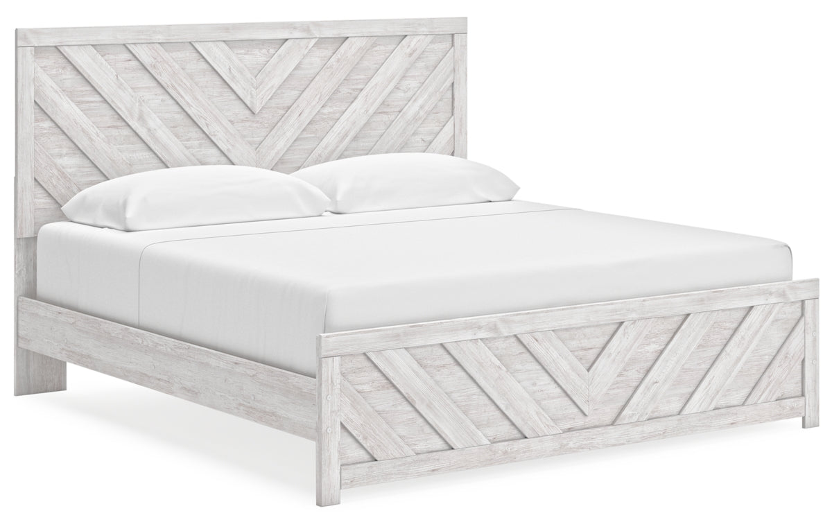 Cayboni King Panel Bed with Mirrored Dresser, Chest and Nightstand