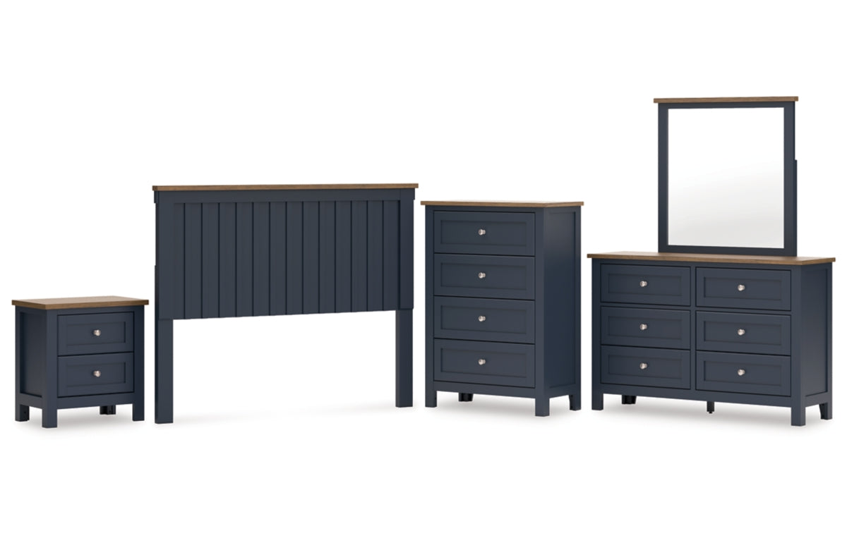 Landocken Queen Panel Headboard with Mirrored Dresser, Chest and Nightstand