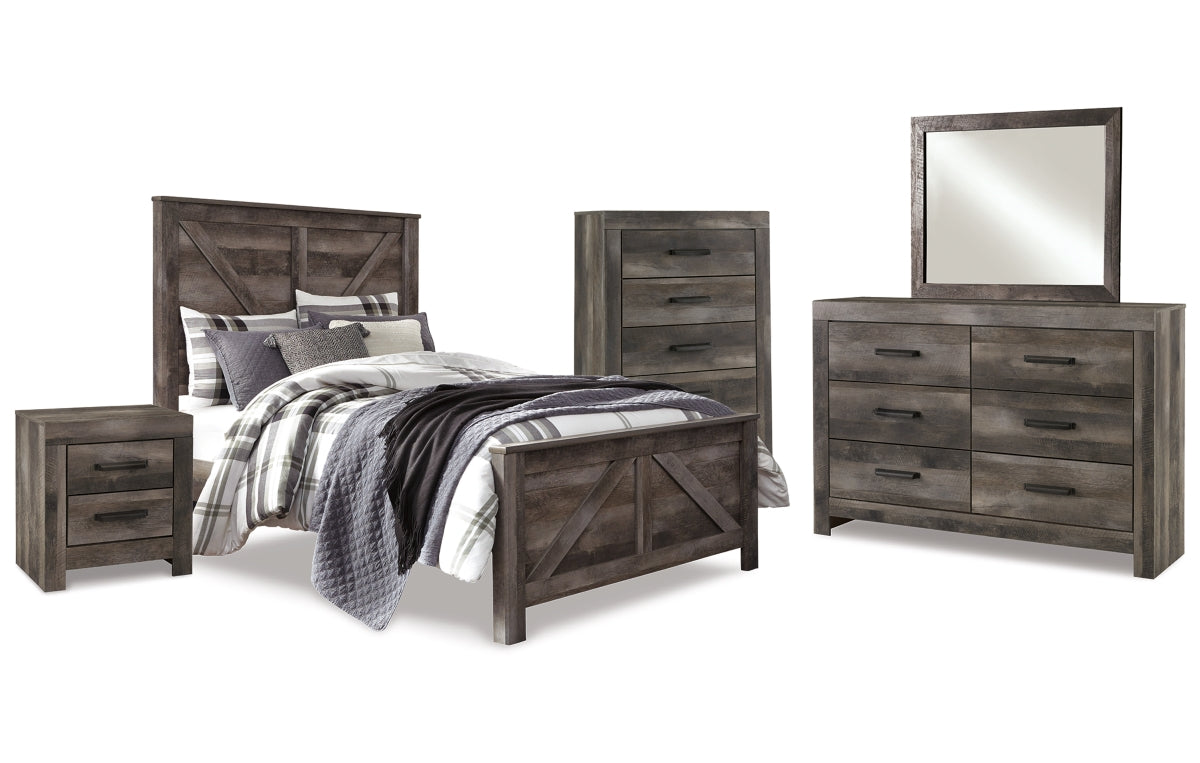 Wynnlow Queen Crossbuck Panel Bed with Mirrored Dresser, Chest and Nightstand