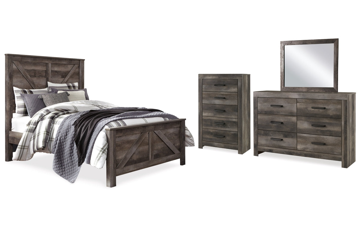 Wynnlow Queen Crossbuck Panel Bed with Mirrored Dresser and Chest