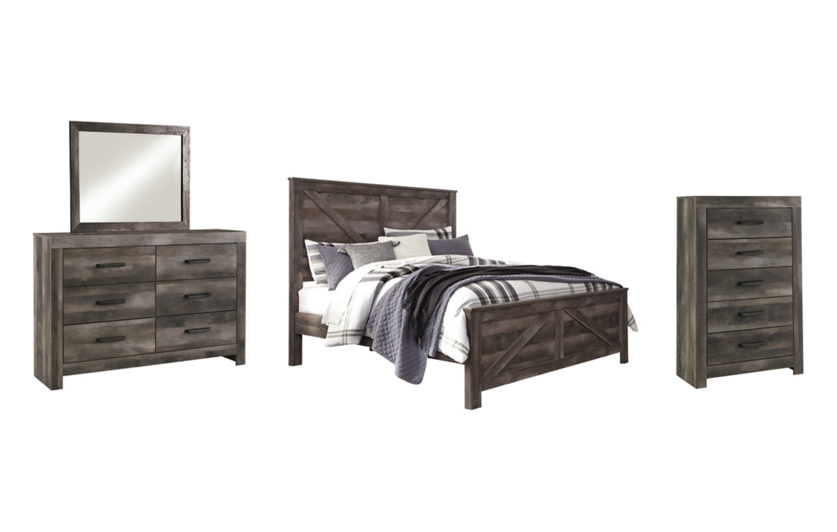 Wynnlow King Crossbuck Panel Bed with Mirrored Dresser and Chest