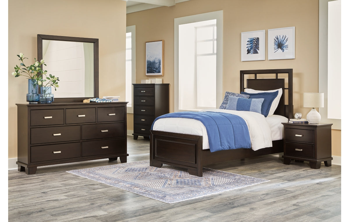 Covetown Twin Panel Bed with Mirrored Dresser, Chest and Nightstand