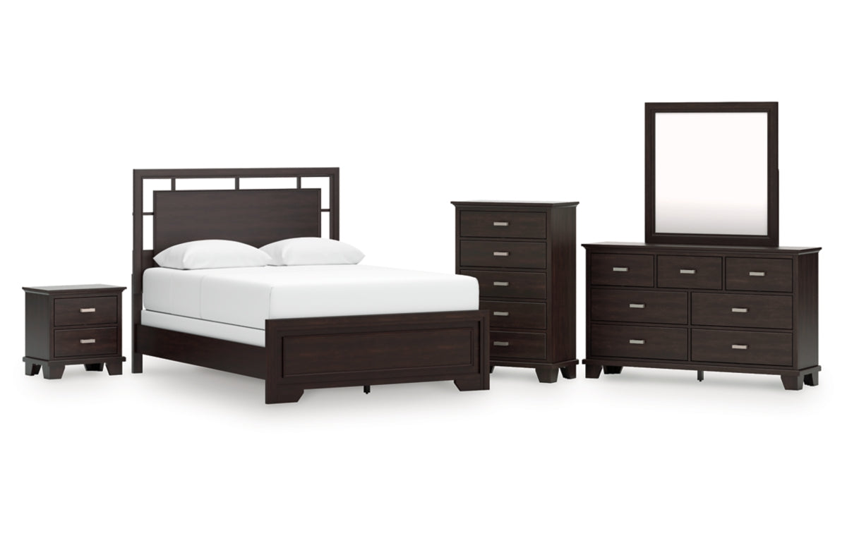 Covetown Queen Panel Bed with Mirrored Dresser, Chest and Nightstand