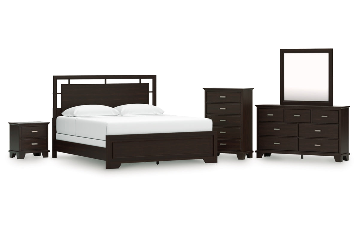 Covetown King Panel Bed with Mirrored Dresser, Chest and Nightstand