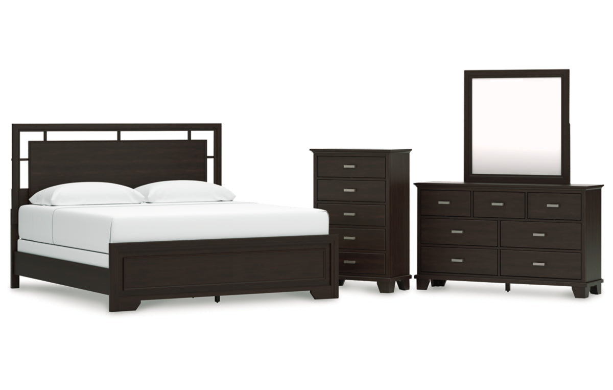 Covetown King Panel Bed with Mirrored Dresser and Chest