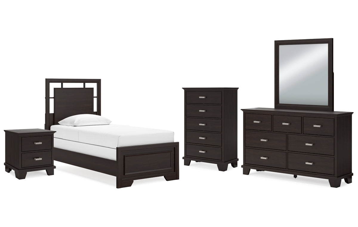 Covetown Twin Panel Bed with Mirrored Dresser, Chest and Nightstand