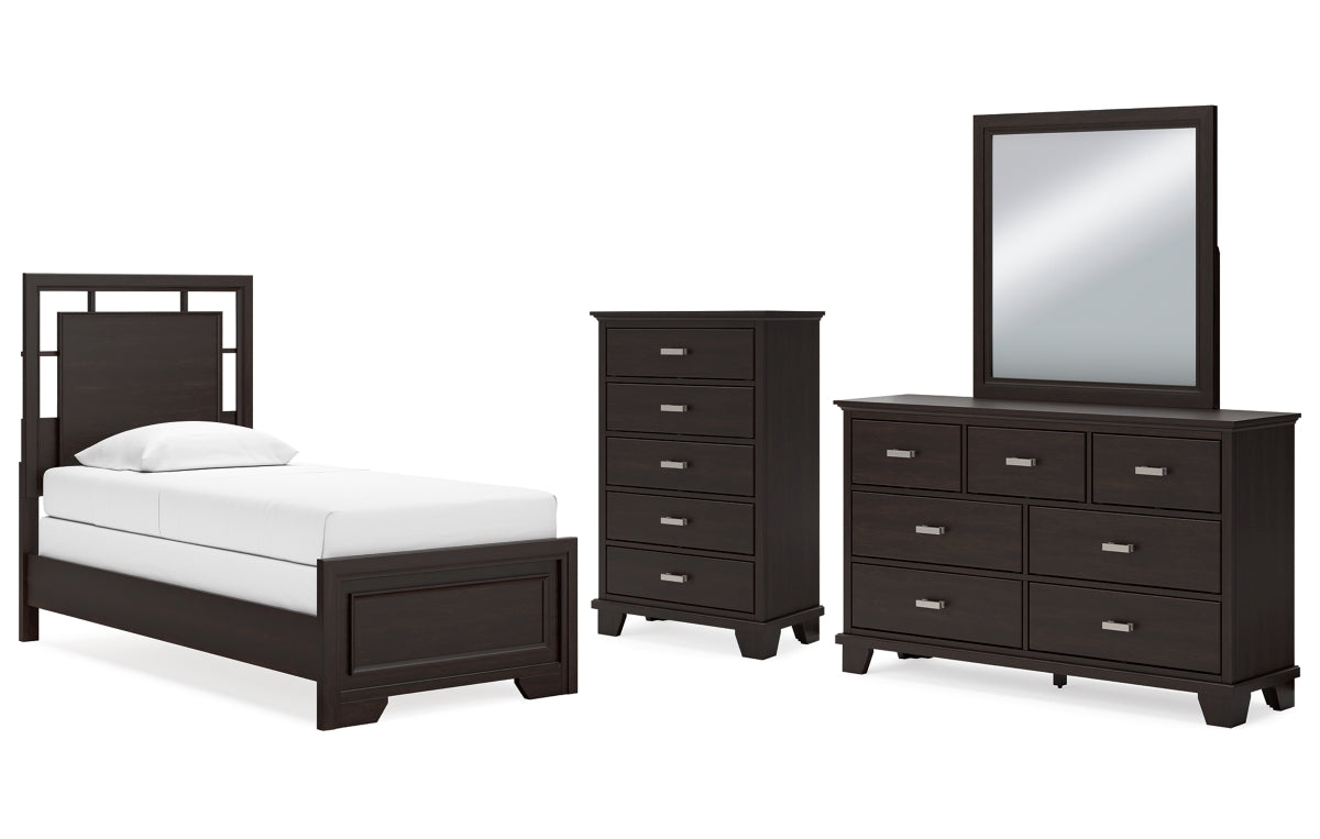 Covetown Twin Panel Bed with Mirrored Dresser and Chest
