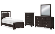 Covetown Twin Panel Bed with Mirrored Dresser and Chest