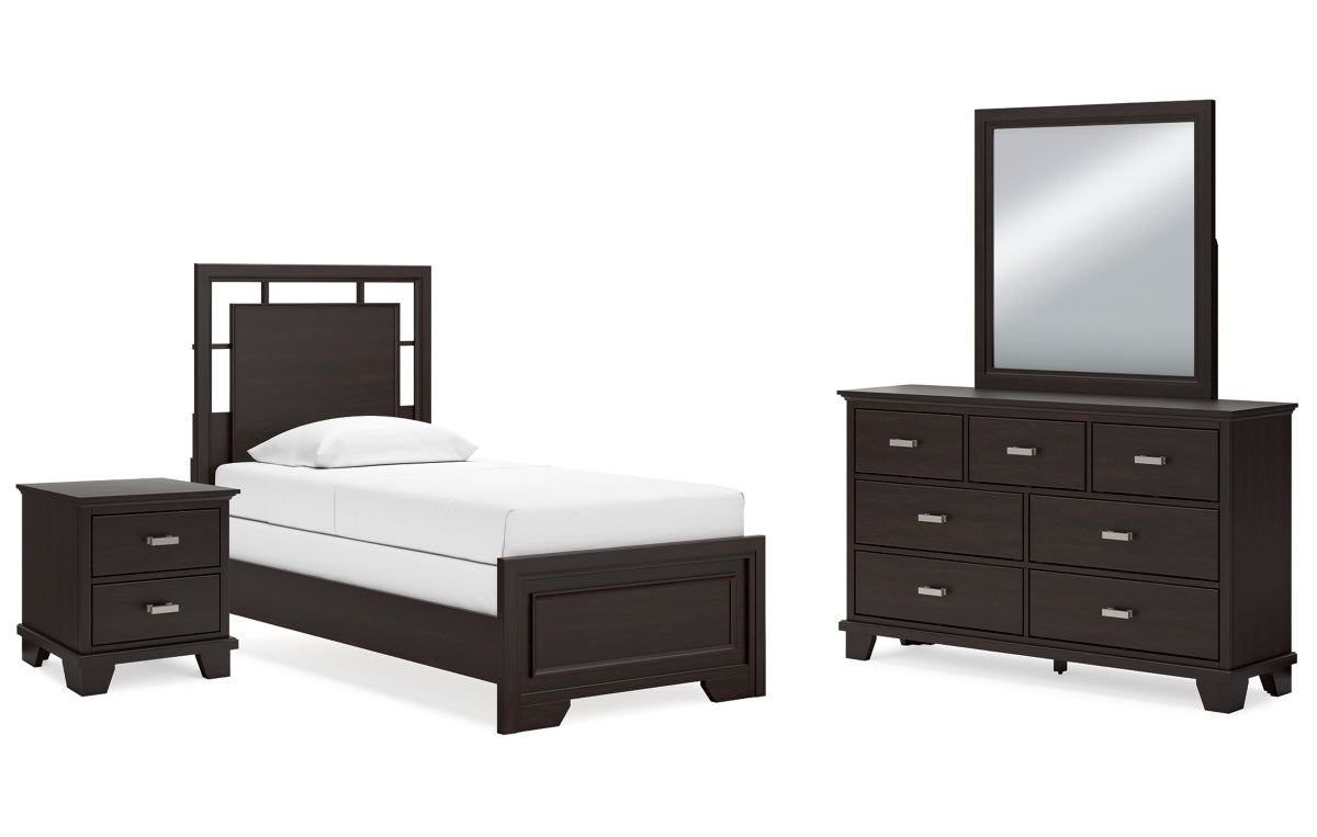Covetown Twin Panel Bed with Mirrored Dresser and Nightstand