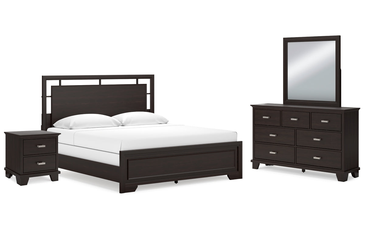Covetown King Panel Bed with Mirrored Dresser and Nightstand