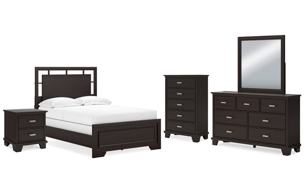 Covetown Full Panel Bed with Mirrored Dresser, Chest and Nightstand