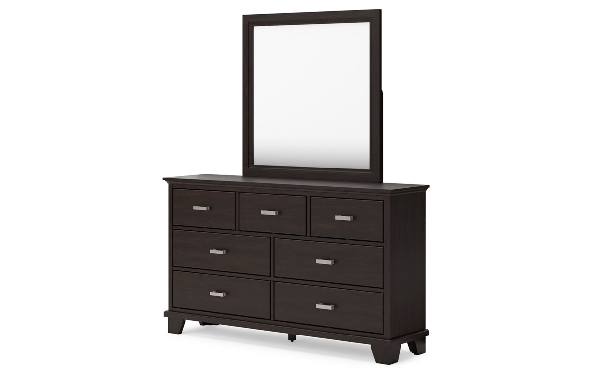 Covetown Queen Panel Bed with Mirrored Dresser, Chest and Nightstand