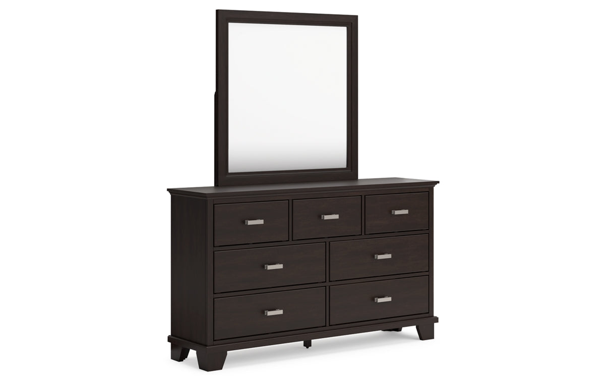 Covetown King Panel Bed with Mirrored Dresser, Chest and Nightstand